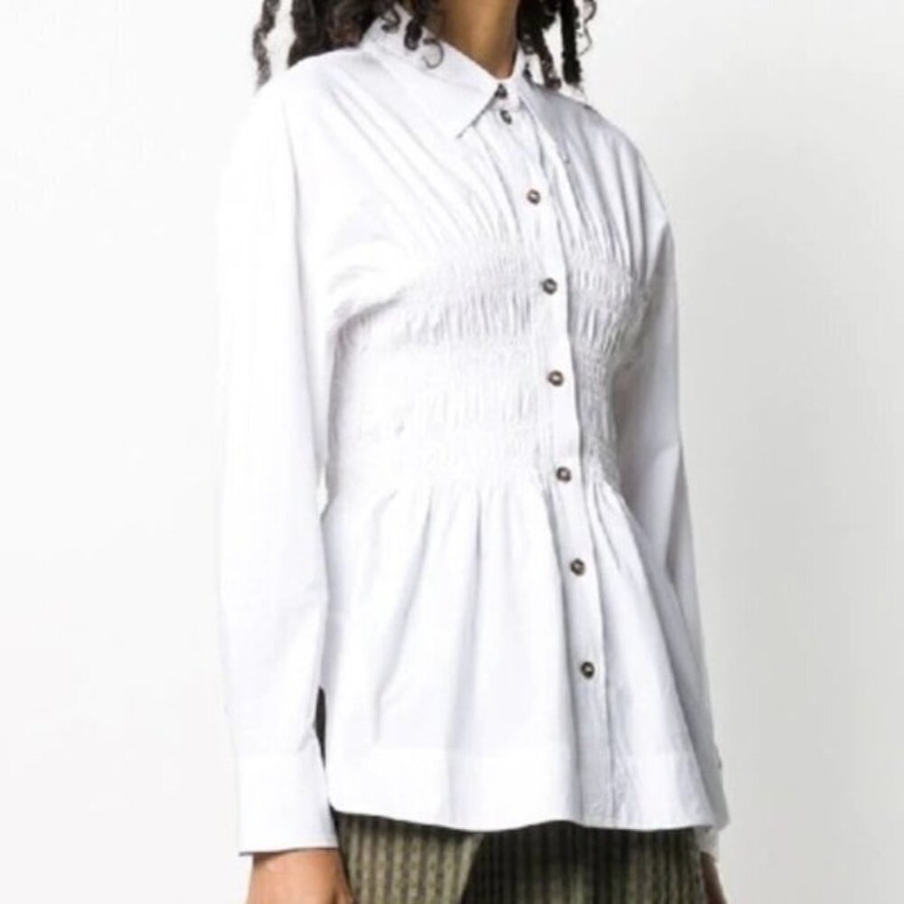 NWT GANNI Shirred Cotton Poplin Blouse In Bright White - Picture 1 of 3